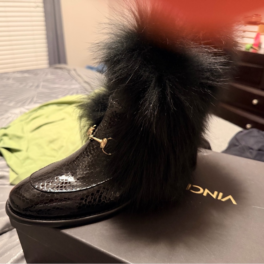Vince Black Glossy Snake-Embossed Ankle Boot with Faux-Fur Cuff and Gold Bit